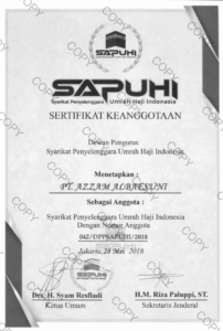 Sertifikat keanggotaan SAPUHI Haji Khusus Indonesia